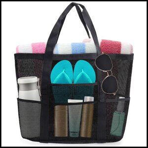 Large Mesh Tote Bag with Zipper Pockets for Beach Pool Travel Essentials
